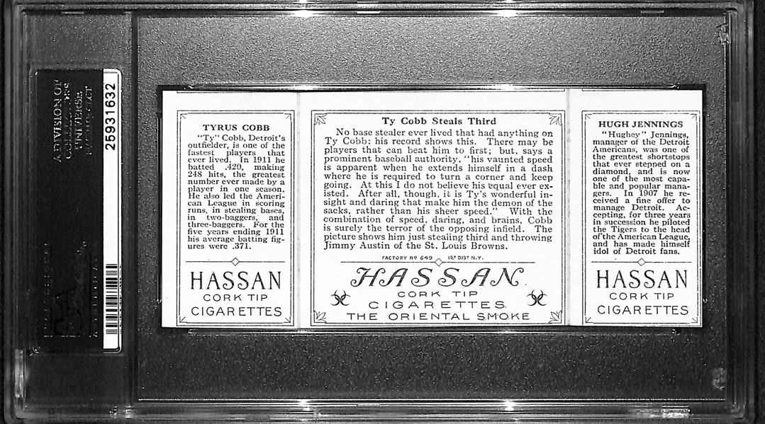 1912 T202 Hassan Triple Folder H.Jennings/T.Cobb, Ty Cobb Steals Third - PSA 6 MC