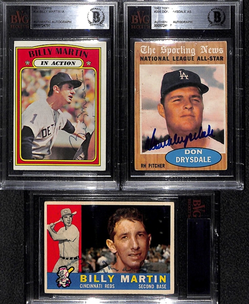 Lot Of 3 Billy Martin & Don Drysdale Signed Vintage Baseball Cards - Beckett Authentic