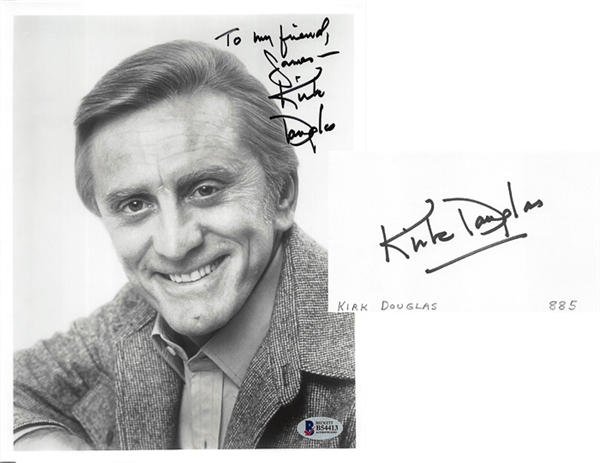 Lot of 2 Kirk Douglas Autographs - 8x10 B&W Photo and Index Card - Beckett Authentics