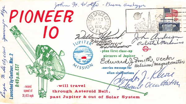 Pioneer 10 First Day Cover (dated 3/3/72) Autographed by 6 Principal Investigators and Project Officials - Beckett Letter of Authenticity