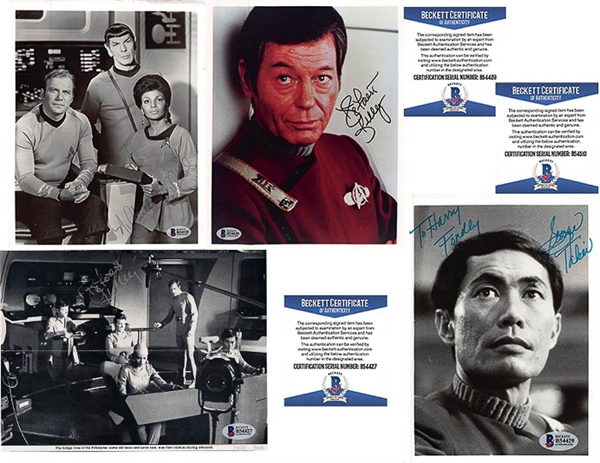 Lot Of 4 Star Trek Signed Pieces w. DeForest Kelly, George Takei & Nichelle Nichols - Beckett COA