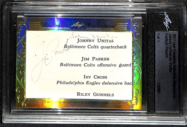 2017 Leaf Executive Collection Masterpiece 1/1 Johnny Unitas & Jim Parker Cut Autograph Card (Both NFL HOFers and Former Baltimore Colts)