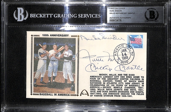 Mickey Mantle/Willie Mays/ Duke Snider Signed First Day Cover - BGS COA