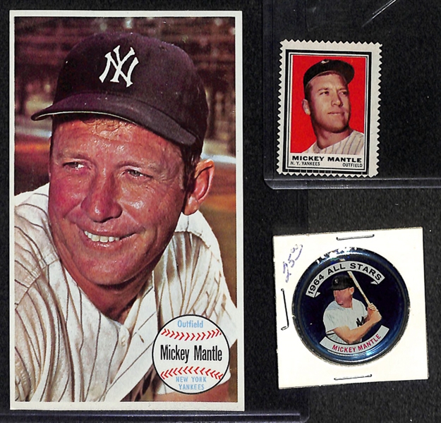 Lot of 3 Mickey Mantle Items (1964 Topps Coin, 1962 Topps Stamp, and  1964 Topps Giant)