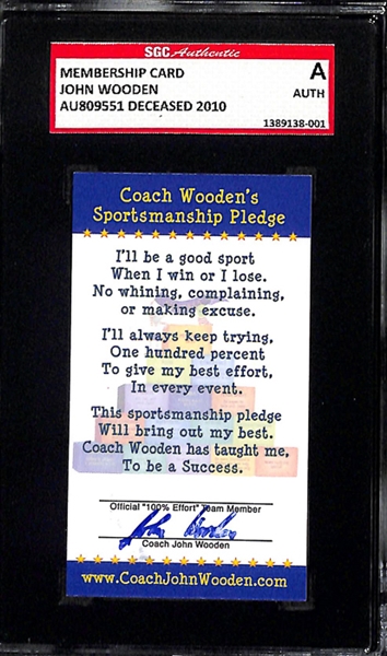 Lot of (2) John Wooden Autographed Sportsmanship Pledge Cards (SGC Certified and Slabbed)