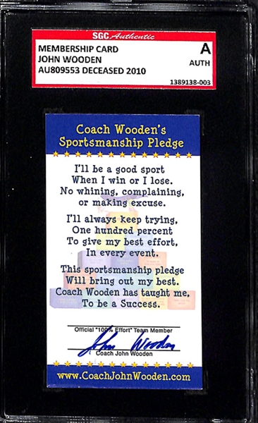 Lot of (2) John Wooden Autographed Sportsmanship Pledge Cards (SGC Certified and Slabbed)
