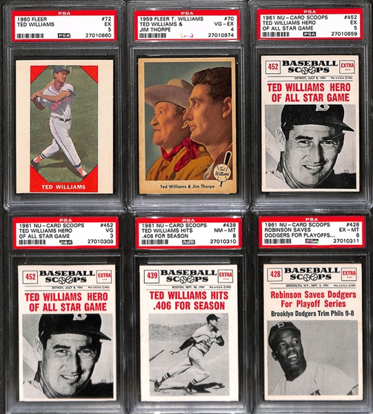 Lot of 6 1959-1961 Ted Williams/Jackie Robinson Cards w. 1960 Fleer Ted Williams - PSA