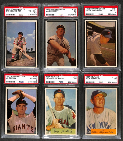 Lot of 6 1953-1954 Bowman Baseball Cards w. 1953 Color Enos Slaughter - PSA