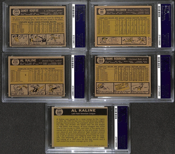 Lot of 5 1961 Topps Baseball Cards w. #344 Sandy Koufax - PSA