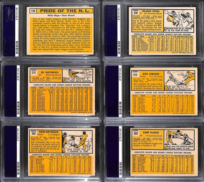 Lot of 6 1963 Topps Baseball Cards w. #138 Mays/Musial - PSA