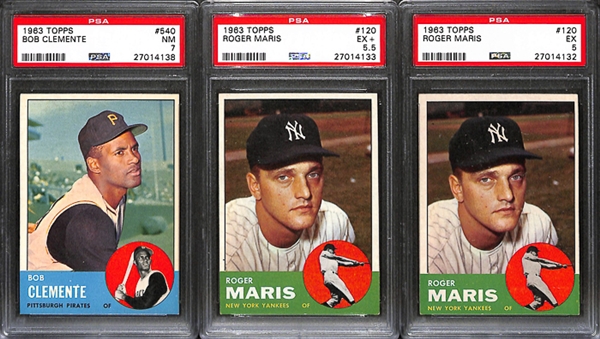Lot of 3 1963 Topps Baseball Cards w. Bob Clemente PSA 7 & (2) Roger Maris - PSA 5.5 & 5