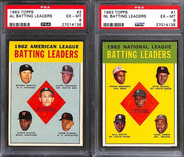Lot of 6 1963 Topps Batting Leaders & Rookie Stars Baseball Cards w. Mickey Mantle - PSA