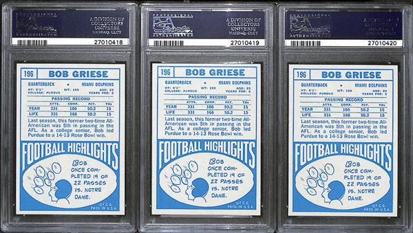 Lot of 3 1968 Topps Bob Griese Football Rookie Cards - PSA 7/6.5/6