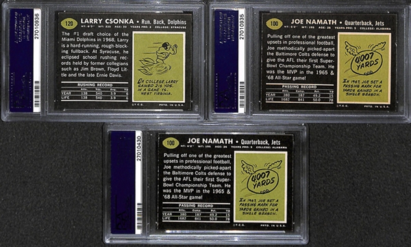 Lot of 3 1969 Topps Football Cards w. Joe Namath & Larry Csonka - PSA