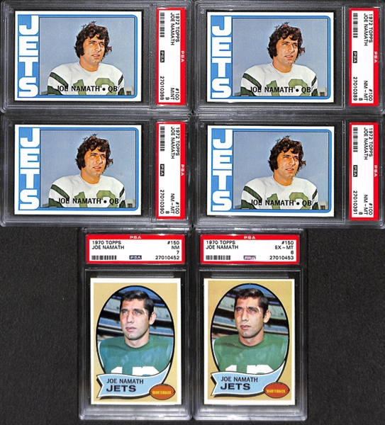 Lot of 6 1970 & 1972 Topps Joe Namath Football Cards - PSA 9/8/7/6