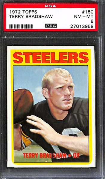 Lot of 3 1970s Topps Football Cards of Steelers Greats Harris, Swann, & Bradshaw - PSA 8 & 7
