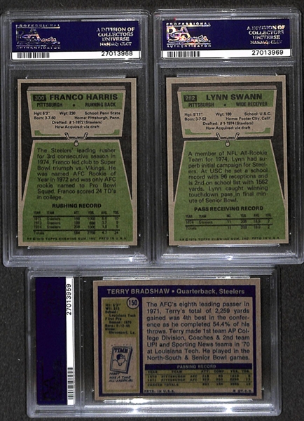 Lot of 3 1970s Topps Football Cards of Steelers Greats Harris, Swann, & Bradshaw - PSA 8 & 7