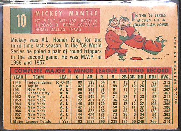 1959 Topps #10 Mickey Mantle Card