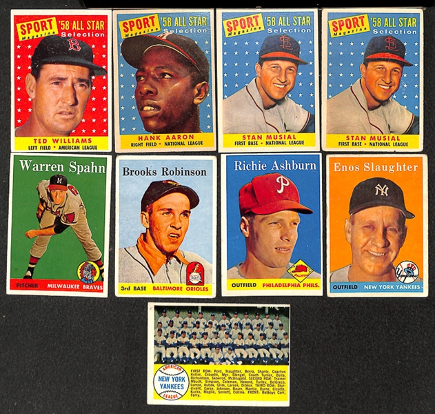 Lot of 130 - 1958 Topps Cards w. Ted Williams All Star Card