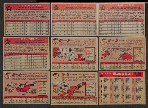 Lot of 130 - 1958 Topps Cards w. Ted Williams All Star Card
