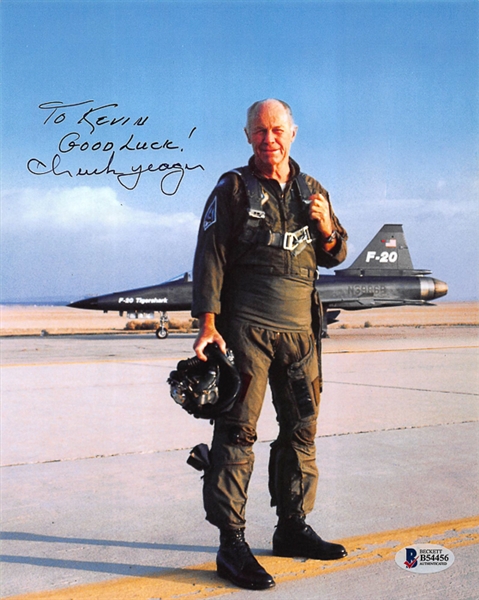Chuck Yeager Autographed 8x10 Photo (Beckett COA) Personalized To Kevin