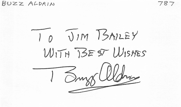 Apollo 11 Astronaut Buzz Aldrin Autographed 3x5 Index Card (Beckett COA) Personalized To Jim Bailey