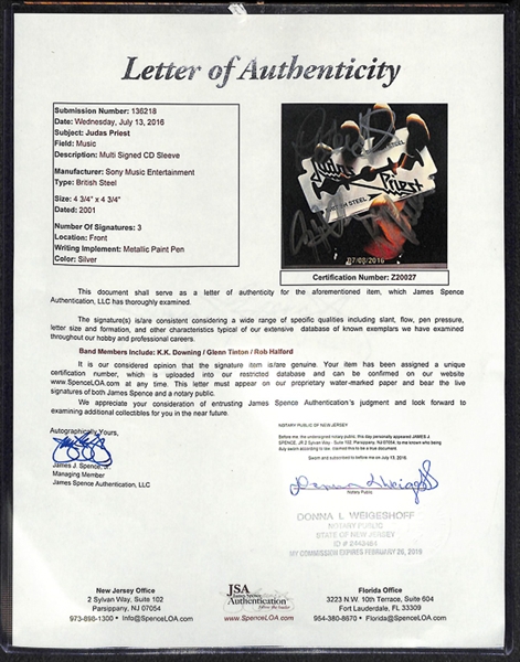 Judas Priest Band Signed CD - JSA LOA