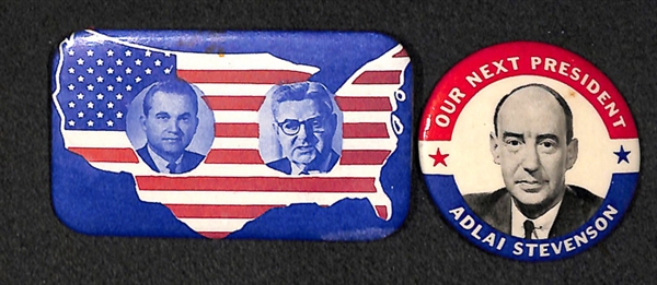 Lot of 30 Vintage Assorted Political Pins, Buttons, Etc., Including Mini FDR Banner & Vietnam Propaganda Piece