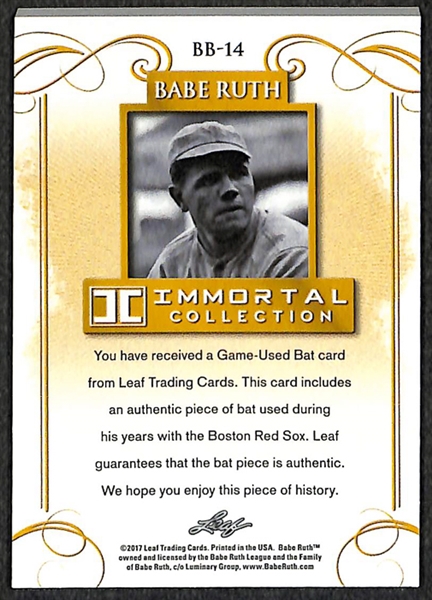 2017 Leaf Babe Ruth Immortal Collection Red Sox Bat Relic Card 6/10