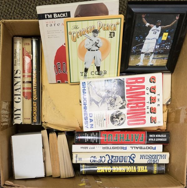 Sports Box of Programs, Yearbooks, Ad Pieces, Autographs, Magazines, Books, and Other Memorabilia (such as unopened 1981 Topps Scratch-Offs)
