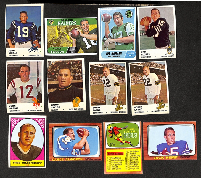 Lot of 6 - 1961 Fleer Football w. Unitas, & 41 - 1966 through 1972 Topps Football Cards w. 1966 Jack Kemp
