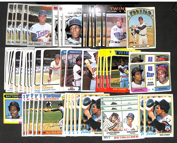 Lot of 77 Rod Carew Topps Baseball Cards from 1970-1978