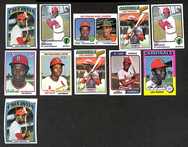 Lot of 82 Lou Brock Topps Baseball Cards from 1972-1978