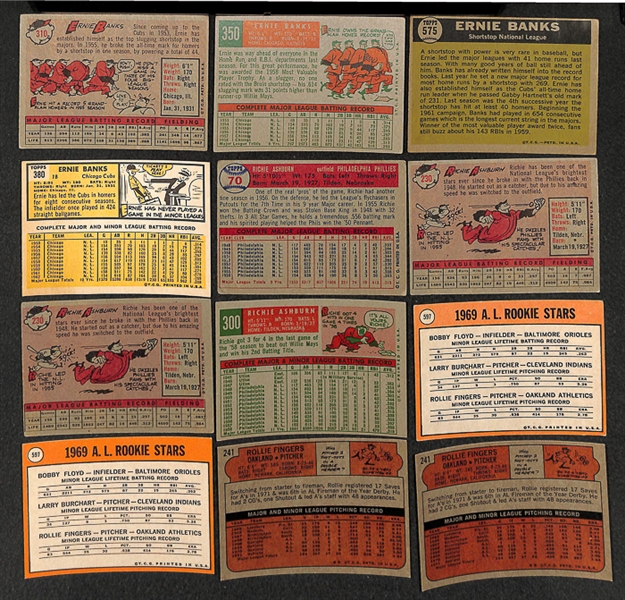 Lot of 77 Topps Baseball Star Cards of Ashburn, Banks, Brock, Fingers, Hunter, & McCovey From 1957-1979