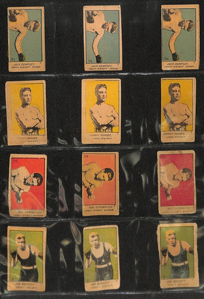 Lot of 19 Assorted 1920 W516-1 Boxing Cards w. Jack Dempsey x3 & 4 Additional 1920s Boxing Strip Cards