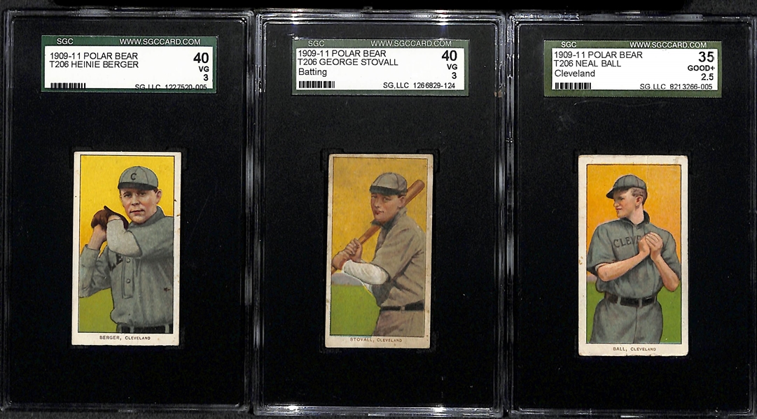 Lot of (3) Graded 1909-11 T206 Cleveland Indian Polar Bear Cards - (Berger SGC 3, Stovall SGC 3, Ball SGC 2.5)