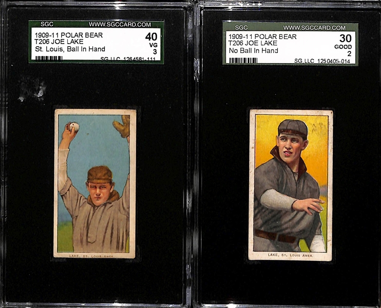 Lot of (2) SGC Graded 1909-11 T206 Joe Lake (St. Louis) Variation Polar Bear Cards - No Ball in Hand SGC 2 and Ball in Hand SGC 3