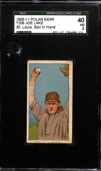Lot of (2) SGC Graded 1909-11 T206 Joe Lake (St. Louis) Variation Polar Bear Cards - No Ball in Hand SGC 2 and Ball in Hand SGC 3