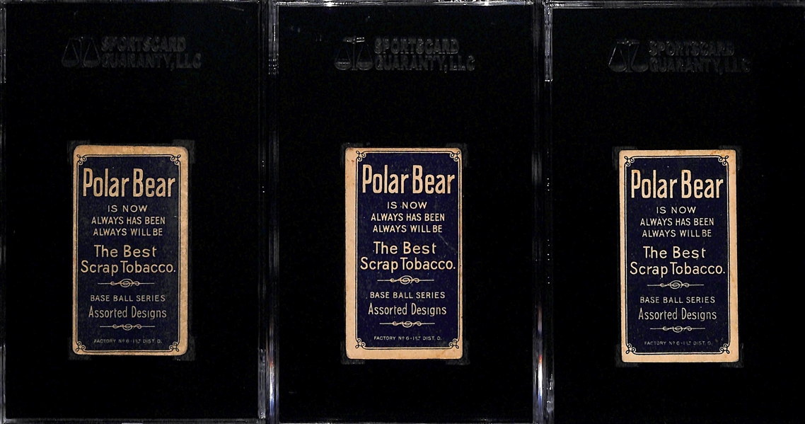 Lot of (3) SGC Graded 1909-11 T206 Polar Bear Cards - Abbaticchio (Pirates/Blue Sleeves) SGC 3, Snodgrass (NY Giants - Batting) SGC 3, Maddox (Pirates) SGC 2
