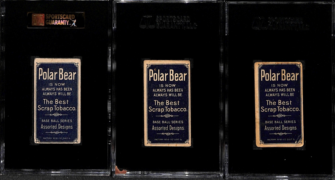 Lot of (3) SGC Graded 1909-11 T206 Polar Bear Cards -Stahl (Red Sox - Glove Shows) SGC 3, Seymour (NY Giants - Portrait) SGC 2, Bell (Dodgers - Follow Through) SGC 2