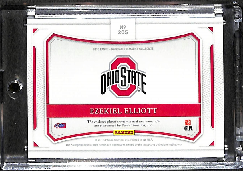 2016 National Treasures Ezekiel Elliott Autographed Rookie Card w/ Colossa 3-Color Patch #ed 50/99 (Ohio State and Dallas Cowboys)
