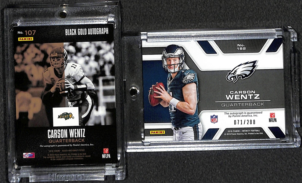 Lot of (2) Carson Wentz Autographed Rookie Cards (Panini Infinity #ed  71/288, and Black Gold #ed 95/99)