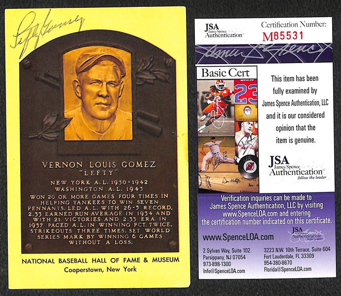 Lefty Gomez Signed Baseball Hall of Fame Plaque Post Card (JSA COA)
