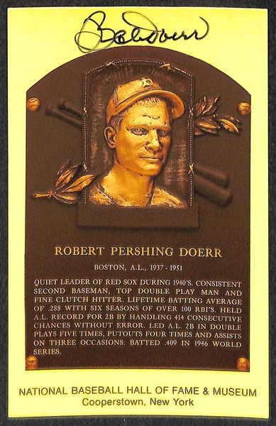 Eddie Matthews, George Kell, and Bobby Doerr Signed Baseball Hall of Fame Plaque Post Cards (w/ JSA COAs) - Lot of (3)