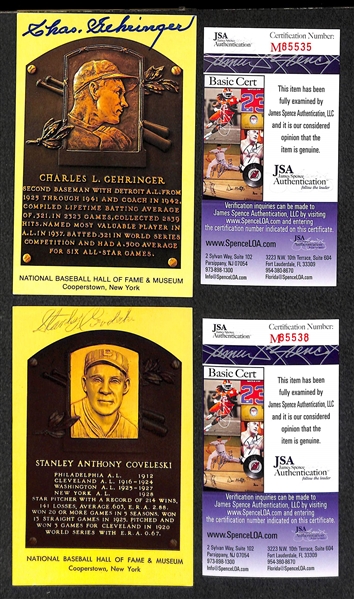 Stanley Covelski and Charles Gehringer Signed Baseball Hall of Fame Plaque Post Cards (w/ JSA COAs) - Lot of (2)