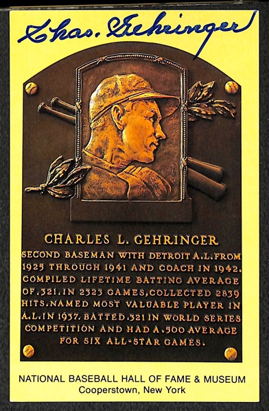 Stanley Covelski and Charles Gehringer Signed Baseball Hall of Fame Plaque Post Cards (w/ JSA COAs) - Lot of (2)