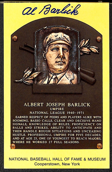 Jocko Conlan and Al Barlick Signed Baseball Hall of Fame Plaque Post Cards (w/ JSA COAs) - Lot of (2)