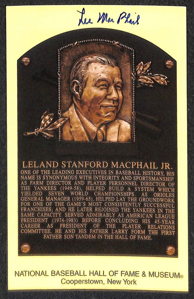 (2) Buck Leonard and (1) Lee MacPhail Signed Baseball Hall of Fame Plaque Post Cards (w/ JSA COAs) - Lot of (3)