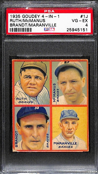 1935 Goudey 4-in-1 #1J Babe Ruth /McManus/ Brandt/Maranville PSA 4 (VG-EX)