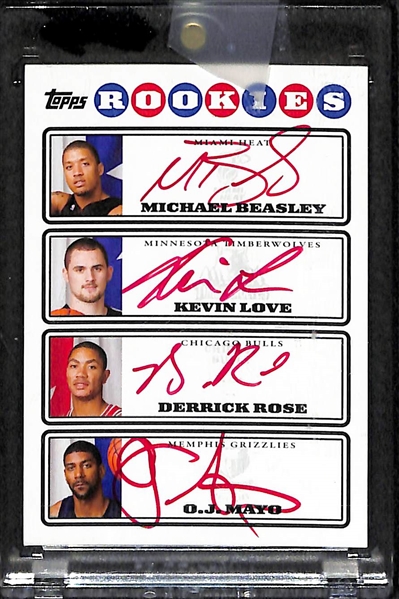 2008-09 Topps Photo Shoot Quad Red Autograph Rookie Card - Signed By Kevin Love, Derrick Rose, OJ Myo, and Michael Beasley